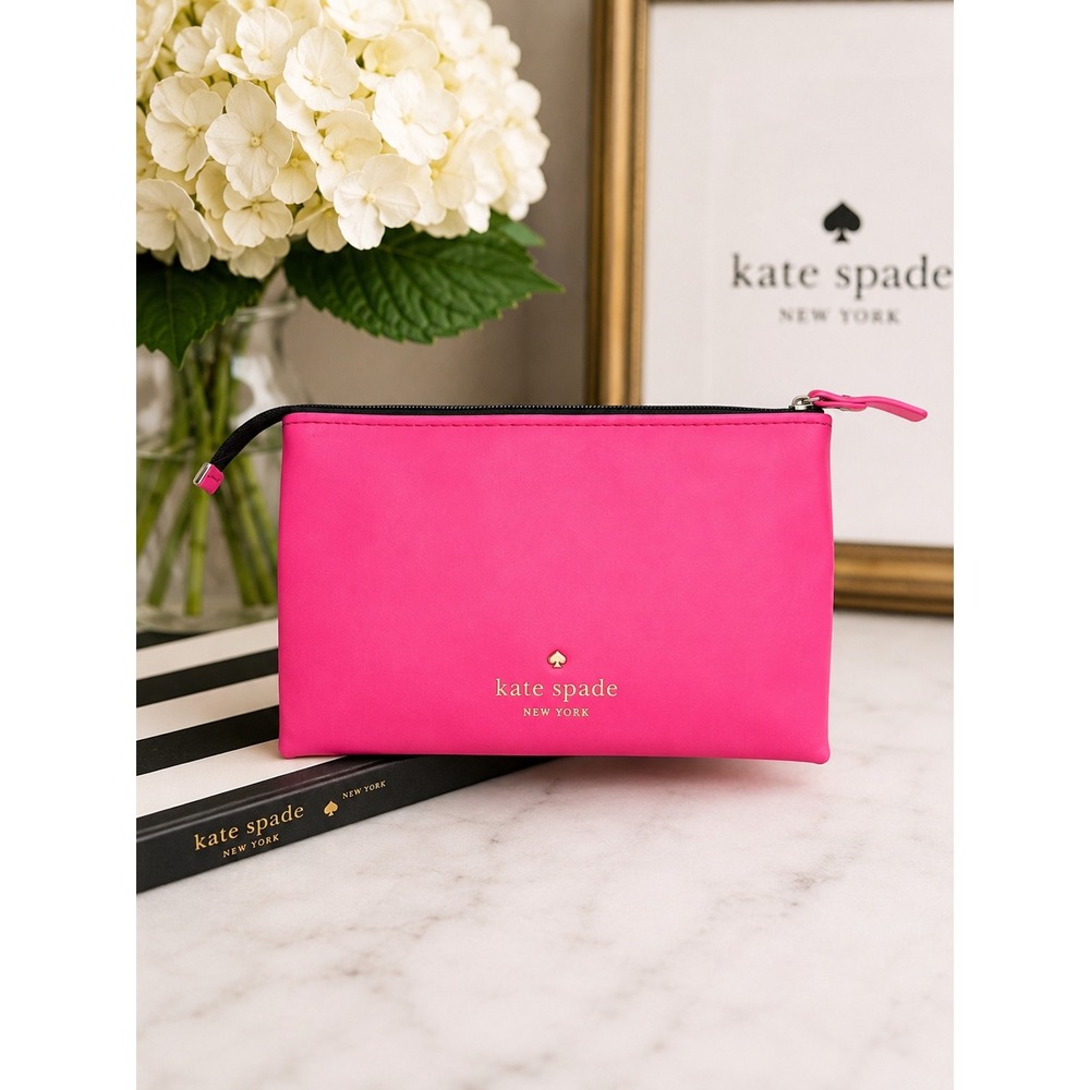 Kate Spade New York Hot Pink Winking Eyes Cosmetic Pouch Polka Dot Lining 8x4.5